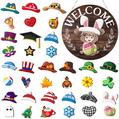 💎 50% DE RÉDUCTION ! 💎 Panneau « Highland Cow » Interchangeable – 17 Chapeaux Magnétiques & Accessoires pour Toutes les Saisons 🐄🎉