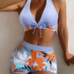 👙 50% DE RÉDUCTION! 🌿 Maillot de Bain Deux Pièces Col Licou Décolleté en V – Motif Feuilles, Détail Croisé & Parfait Pour Un Look Élégant À La Plage 🏖️