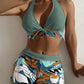 👙 50% DE RÉDUCTION! 🌿 Maillot de Bain Deux Pièces Col Licou Décolleté en V – Motif Feuilles, Détail Croisé & Parfait Pour Un Look Élégant À La Plage 🏖️