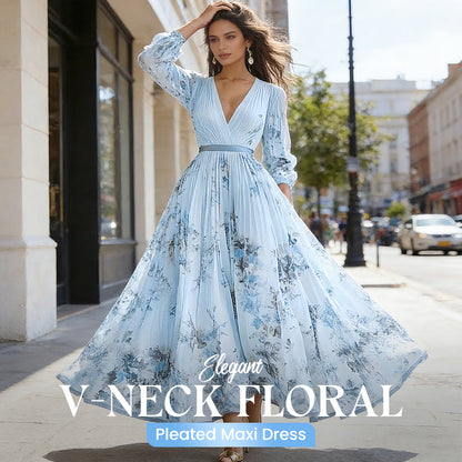 💎 50% DE RÉDUCTION ! 💎 Robe Longue Élégante Plissée à Col V – Imprimé Floral, Taille Haute & Tissu Fluide 🌸👗