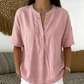 Haut unisexe décontracté et ample, couleur unie – Col Henley boutonné, mélange de coton et de lin