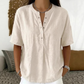 Haut unisexe décontracté et ample, couleur unie – Col Henley boutonné, mélange de coton et de lin