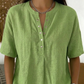 Haut unisexe décontracté et ample, couleur unie – Col Henley boutonné, mélange de coton et de lin