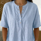 Haut unisexe décontracté et ample, couleur unie – Col Henley boutonné, mélange de coton et de lin