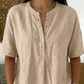 Haut unisexe décontracté et ample, couleur unie – Col Henley boutonné, mélange de coton et de lin