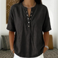 Haut unisexe décontracté et ample, couleur unie – Col Henley boutonné, mélange de coton et de lin