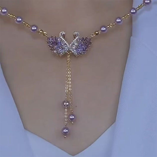 ✨50 % de réduction 🔥 Collier pendentif double cygne violet 🌹