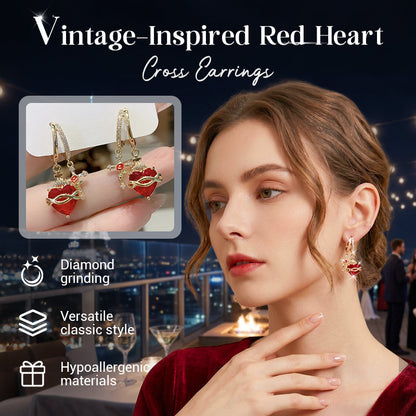 💍 OFFRE LIMITÉE -50% ! ✨ Boucles d'Oreilles Cœur Rouge & Croix – Style Vintage, Délicates et Symboliques ✝️