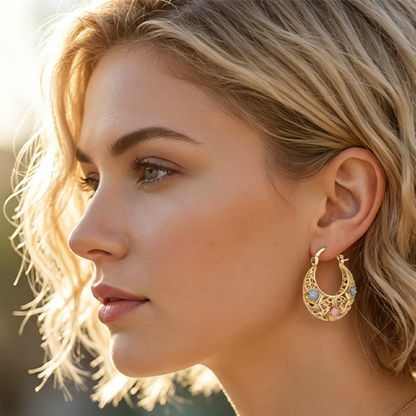 🌙 50% DE RÉDUCTION ✨ Boucles d'oreilles créoles croissant plaqué or – Détails en filigrane, fleurs en émail rose & bleu – Crochet sécurisé, style bohème chic – parfaites pour le quotidien ou les occasions spéciales 💖