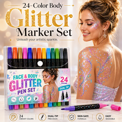 🎨 50% OFF ! ✨ Set de 24 Marqueurs Paillettes Visage & Corps – Double pointe, teintes vibrantes & longue durée – Parfait pour fêtes, festivals & looks créatifs 🌈