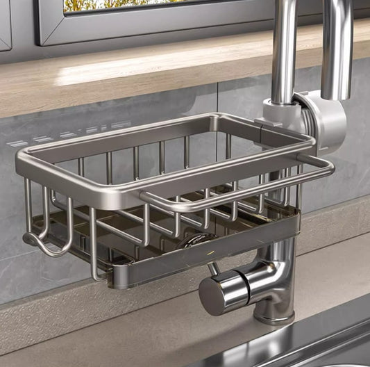 🚰 50% DE RÉDUCTION! 🧽Porte-Éponge sur Robinet Cuisine, Support Anti-Rouille avec Bac d'Égouttage, Rangement pour Évier ✨