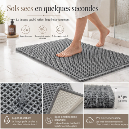 Tapis de salle de bain antidérapant et absorbant en tissu gaufré, paillasson d'entrée unicolore