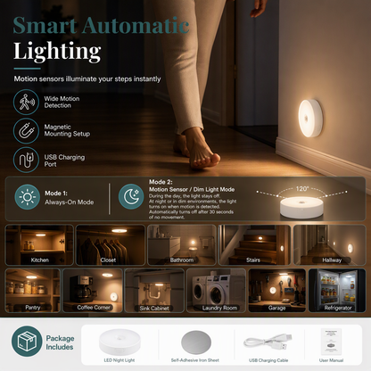 Veilleuse LED Intelligente sans Fil Rechargeable à Détecteur de Mouvement avec Mode Continu pour Placard et Couloir