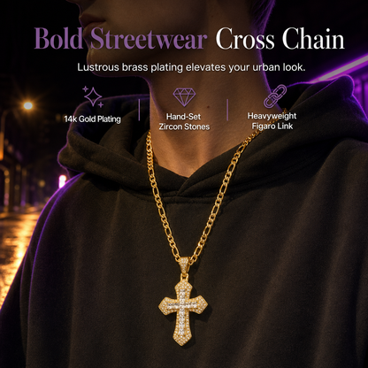 📢📢50 % DE RÉDUCTION !! ⏰Collier Pendentif Croix Hip-Hop Double Rang en Strass avec Chaîne Figaro